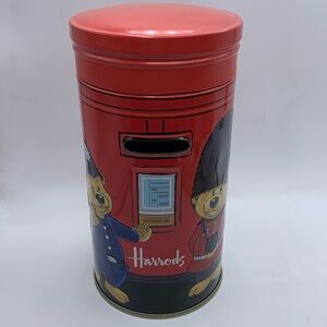 HARRODS Post Box Money Tin Bank Biscuit Tin - Empty. Teddy bears